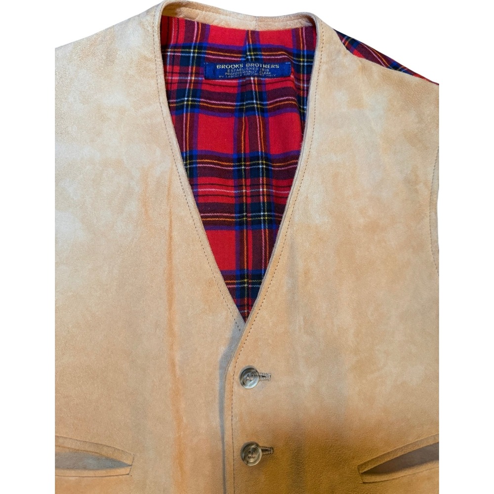 Brooks Brothers Mens M Tan Suede Leather Vest Red Tartan Plaid Back Waistcoat - Picture 6 of 10